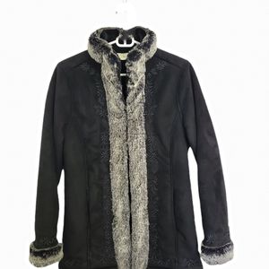 LL Bean Women Black Faux Suede Jacket with Faux Fur Details Size XS